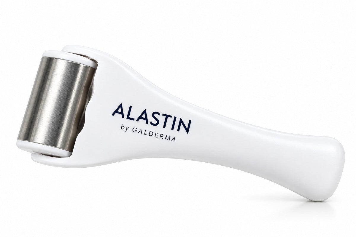 Alastin by Galderma face roller, stainless steel head with white handle