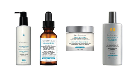 SkinCeuticals Gentle Cleanser, Silymarin CF, Daily Moisture and Sheer Physical UV Defense SPF 50 side by side