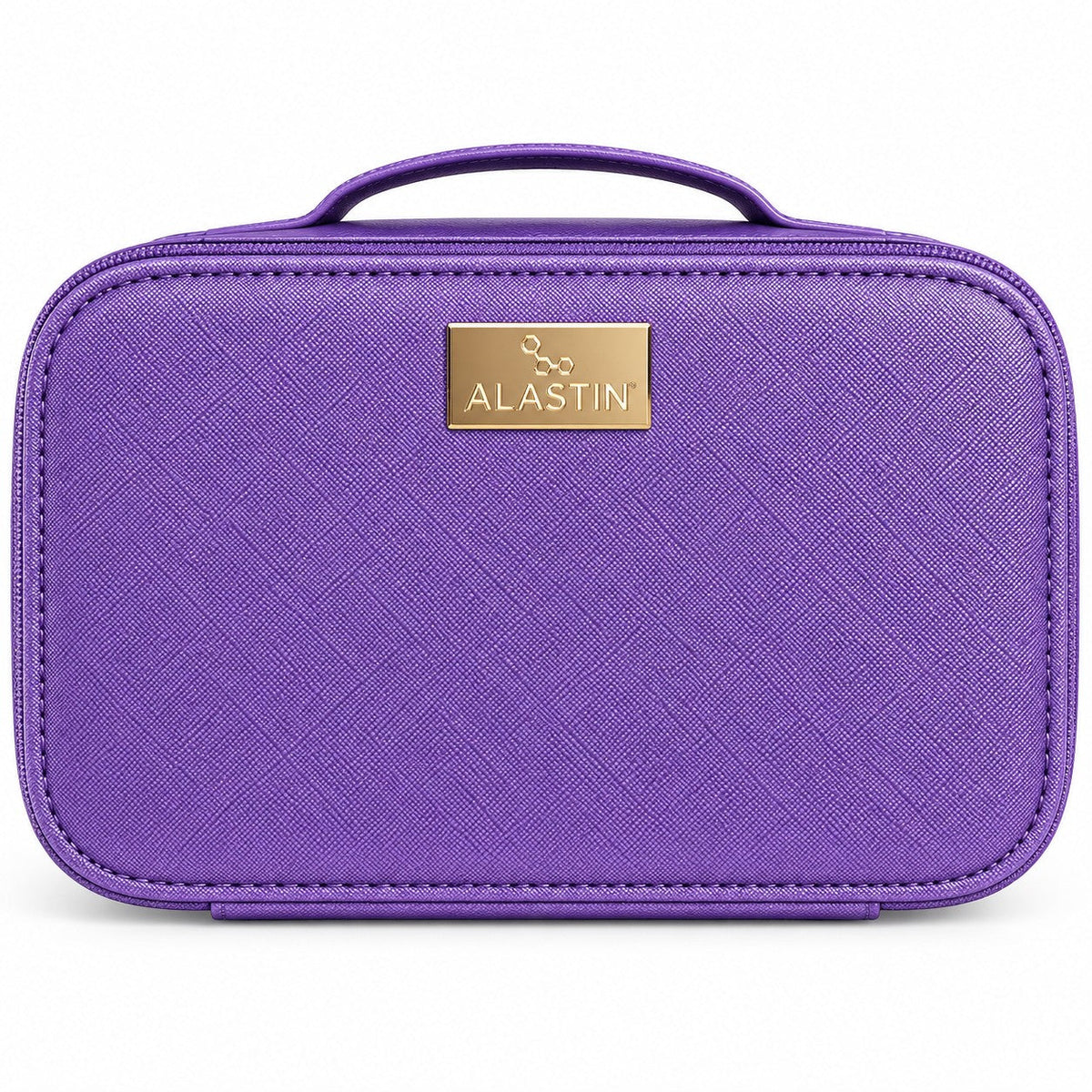 Alastin makeup bag, purple Saffiano case with gold logo plate, front