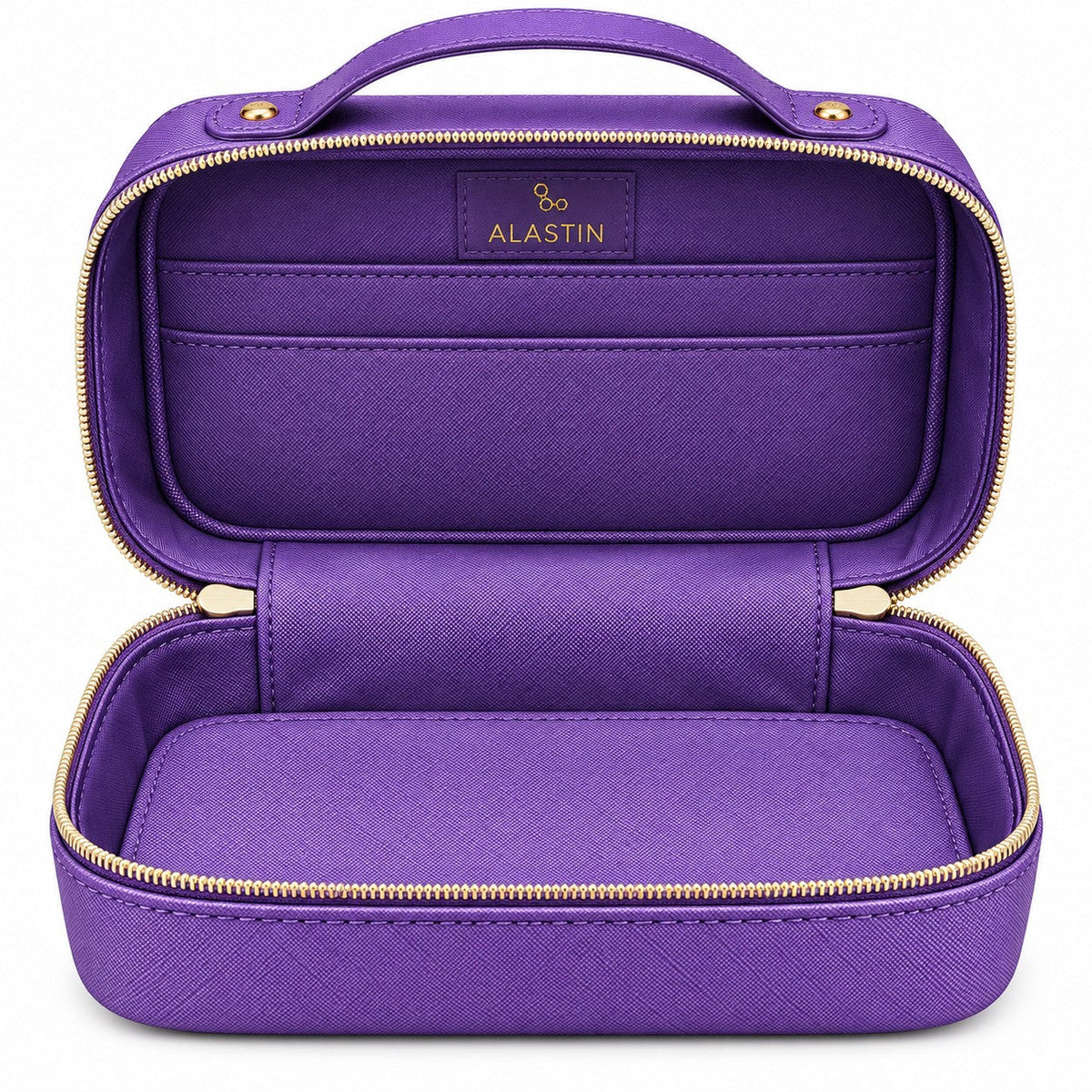 Alastin makeup bag open, showing interior card slots and gold zip